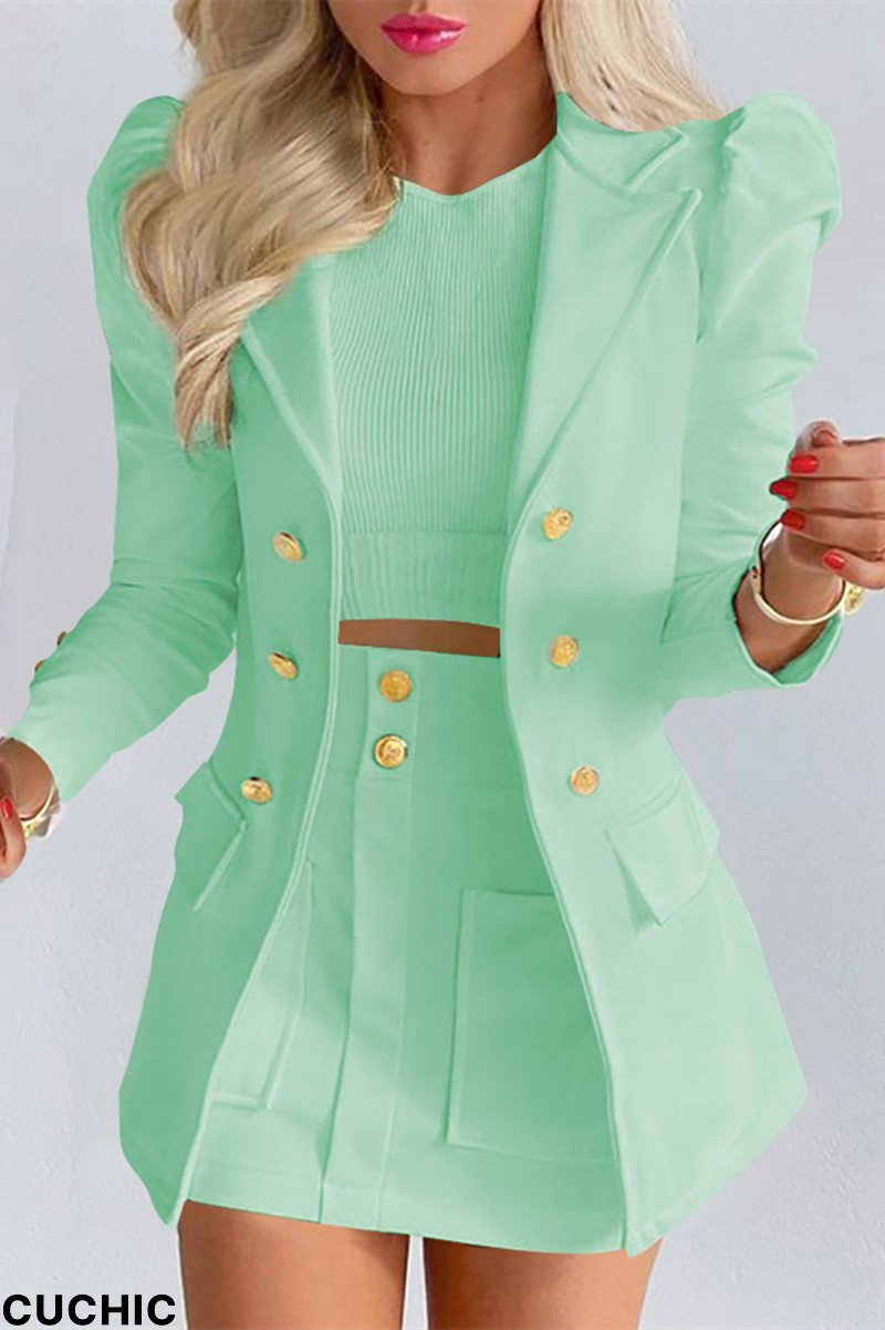 Green Fashion Casual Solid Cardigan Turndown Collar Long Sleeve Two Pieces-CuChic
