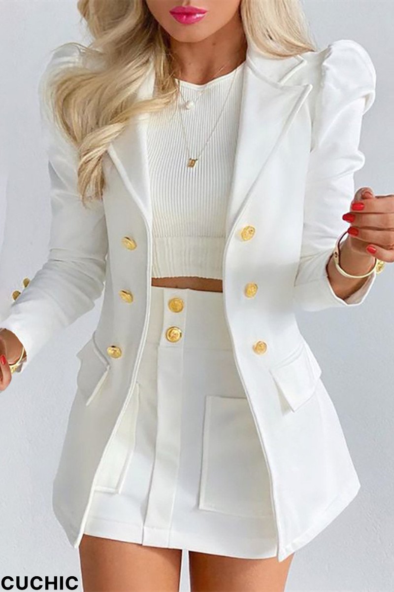 White Fashion Casual Solid Cardigan Turndown Collar Long Sleeve Two Pieces-CuChic
