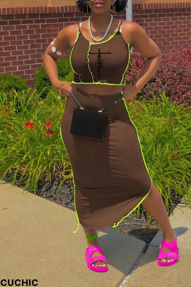 Coffee Sexy Print Split Joint Asymmetrical Spaghetti Strap Sleeveless Two Pieces-CuChic