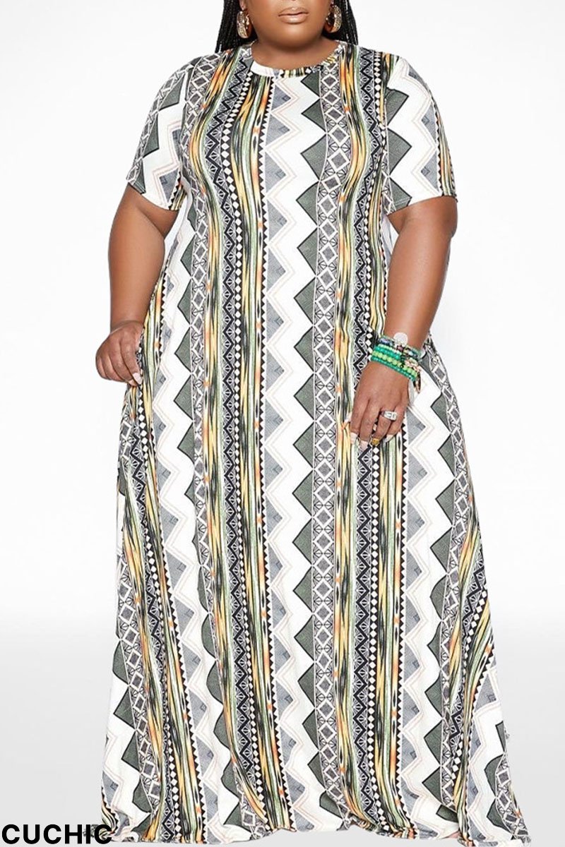 Grey Casual Print Split Joint O Neck Straight Plus Size Dresses-CuChic