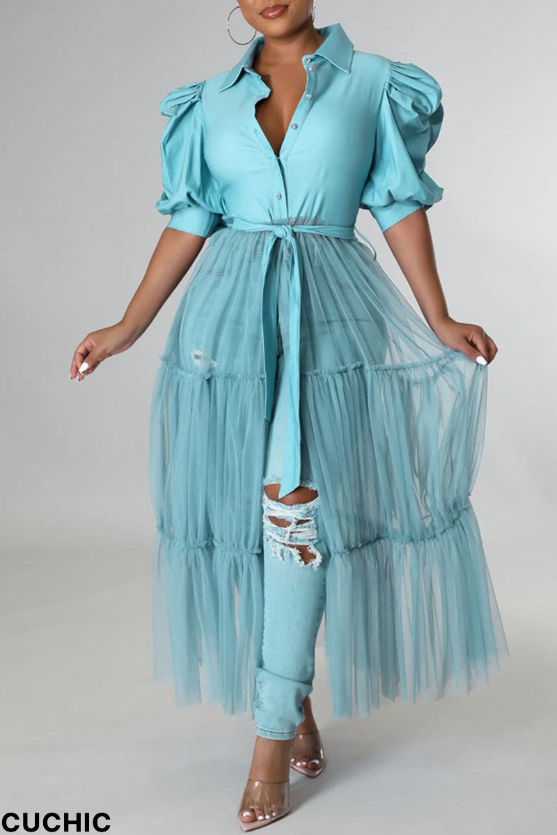 Blue Fashion Casual Solid Patchwork Mesh Turndown Collar Shirt Dress-CuChic