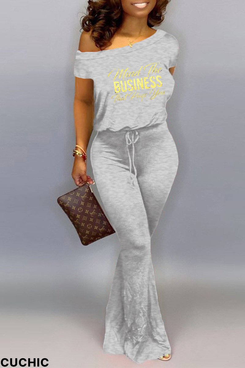 Grey Casual Print Split Joint One Shoulder Boot Cut Jumpsuits-CuChic