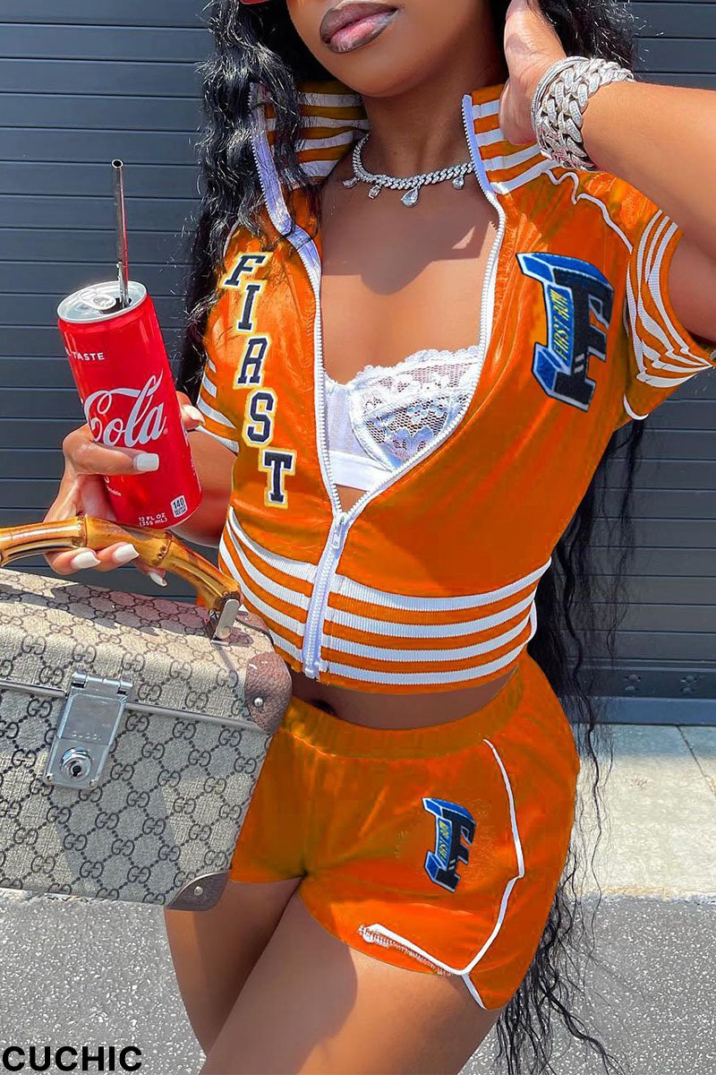 Orange Casual Street Print Split Joint Zipper Zipper Collar Short Sleeve Two Pieces-CuChic