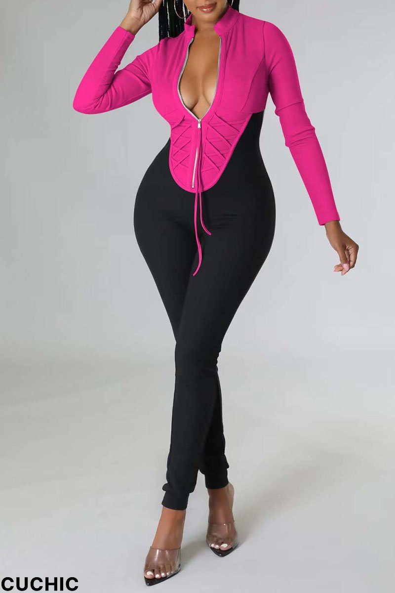 Rose Red Sexy Solid Patchwork Fold Zipper Collar Regular Jumpsuits-CuChic