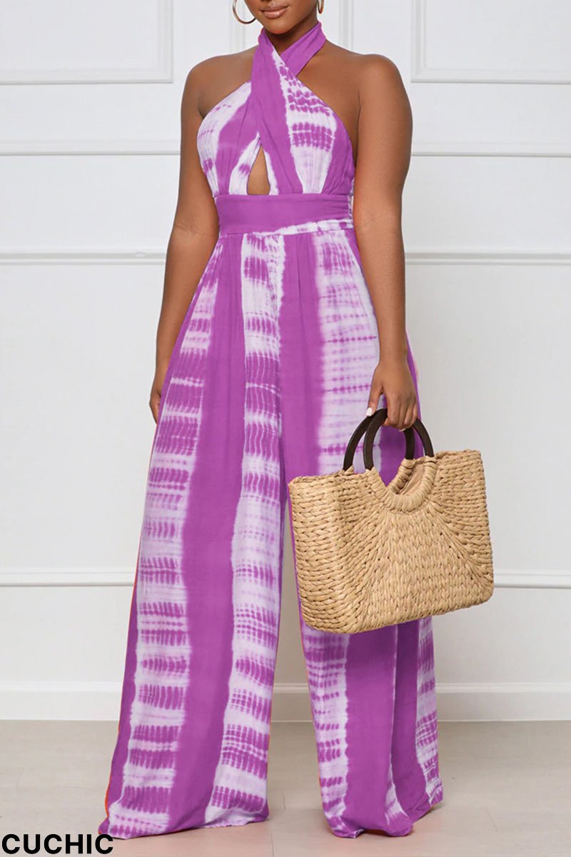 Purple Sexy Print Patchwork Backless Halter Straight Jumpsuits-CuChic