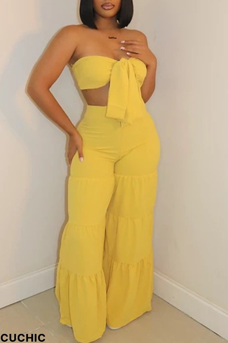 Yellow Sexy Solid Bandage Split Joint Fold With Bow Strapless Sleeveless Two Pieces-CuChic