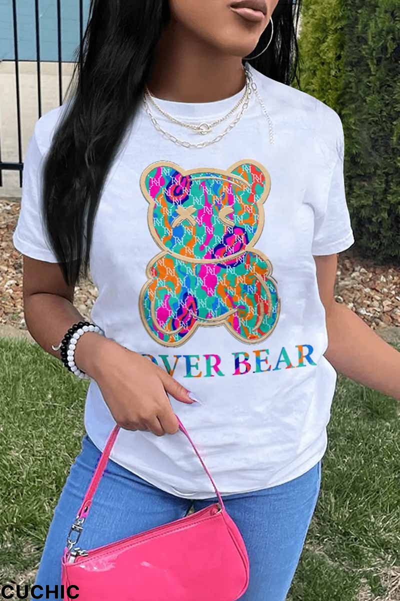 White Casual Print Letter O Neck Plus Size Tops-CuChic