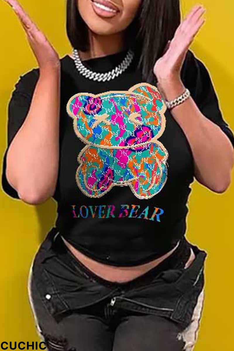 Black Casual Print Letter O Neck Plus Size Tops-CuChic