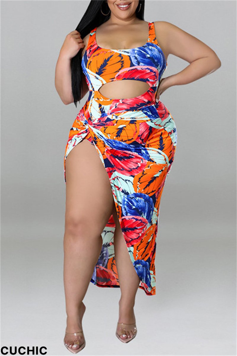 Red Fashion Sexy Print Hollowed Out U Neck Plus Size Two Pieces-CuChic