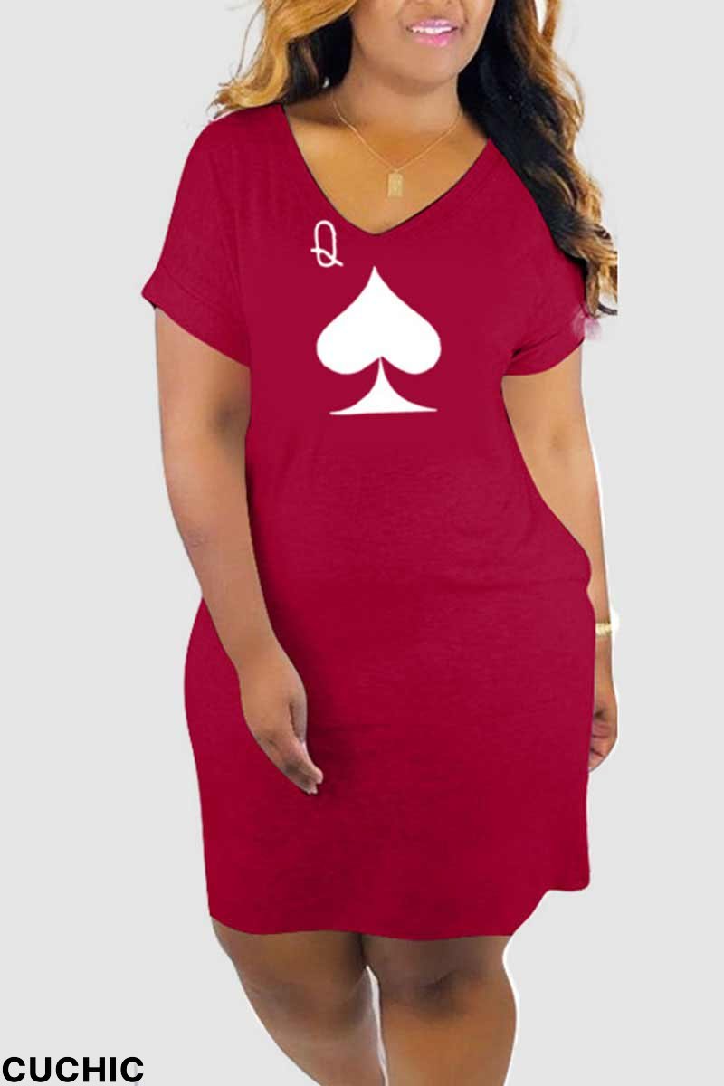 Red Casual Print Patchwork V Neck Straight Dresses-CuChic