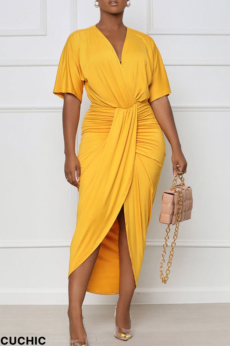 Yellow Casual Solid Split Joint Fold Asymmetrical V Neck Dresses-CuChic