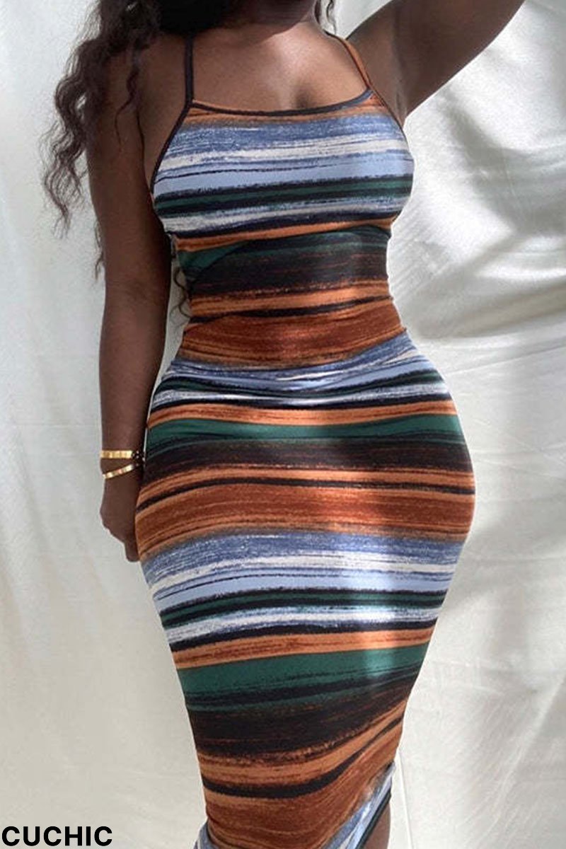 Ink Green Sexy Striped Print Patchwork Spaghetti Strap Pencil Skirt Plus Size Dresses-CuChic