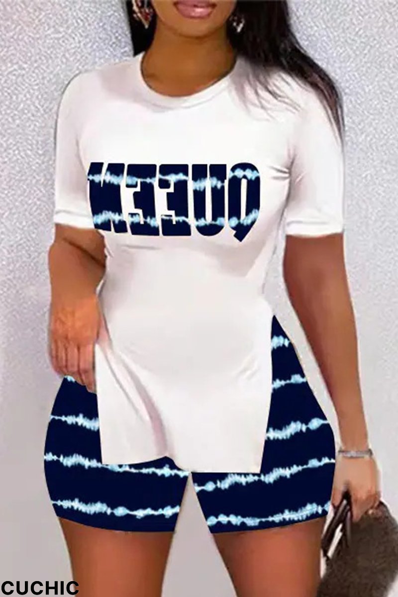 Dark Blue White Casual Sportswear Letter Leopard Lips Printed Camouflage Print Slit O Neck Plus Size Two Pieces-CuChic