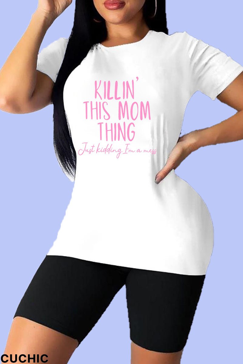 White Plus Size Casual Sportswear Print Letter O Neck T-Shirts-CuChic