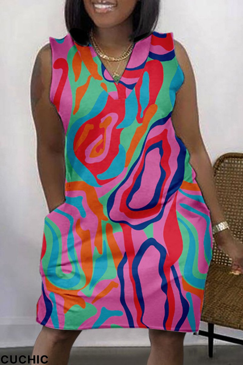 Multicolor Fashion Casual Print Patchwork V Neck Sleeveless Plus Size Dress-CuChic