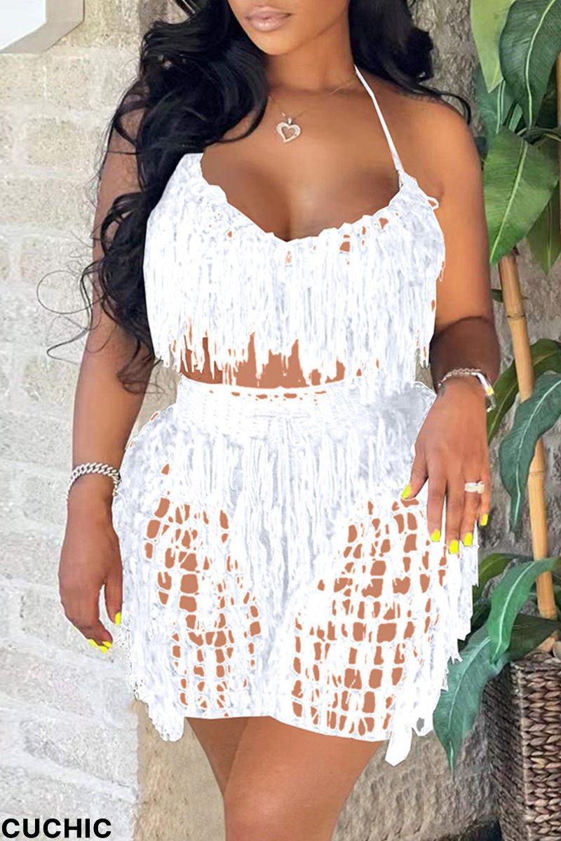 White Sexy Solid Tassel Bandage Hollowed Out Backless Spaghetti Strap Sleeveless Two Pieces-CuChic