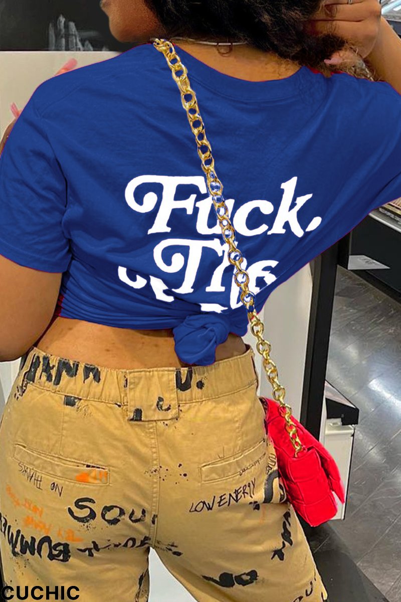 Navy Blue Casual Print Patchwork Letter O Neck T-Shirts-CuChic