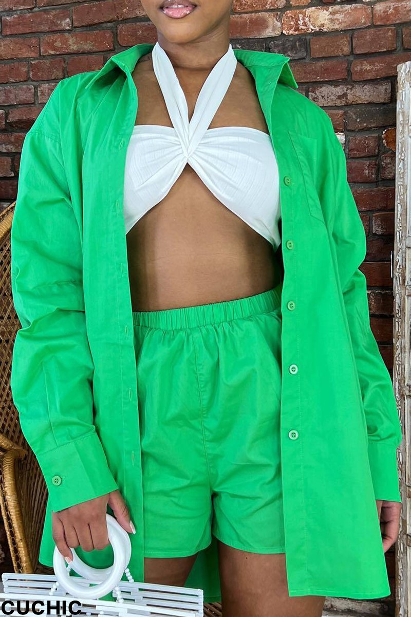 Green Casual Solid Patchwork Peter Pan Collar Long Sleeve Two Pieces-CuChic