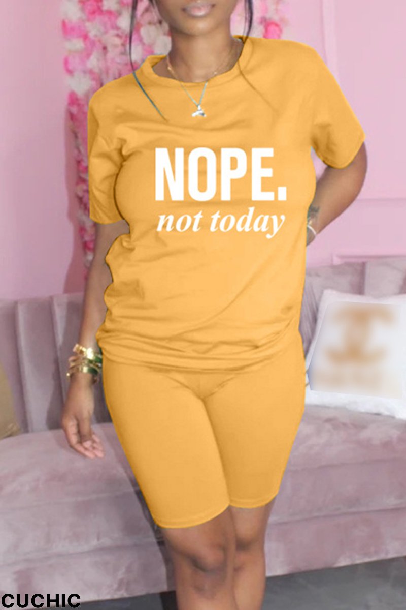 Yellow Fashion Casual Letter Print Basic O Neck Short Sleeve Two Pieces-CuChic