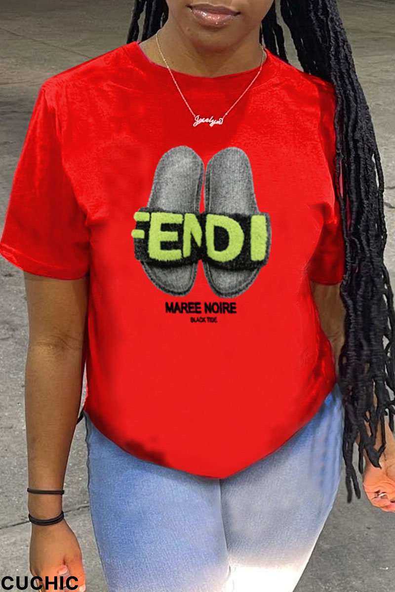 Red Fashion Casual Print Basic O Neck T-Shirts-CuChic