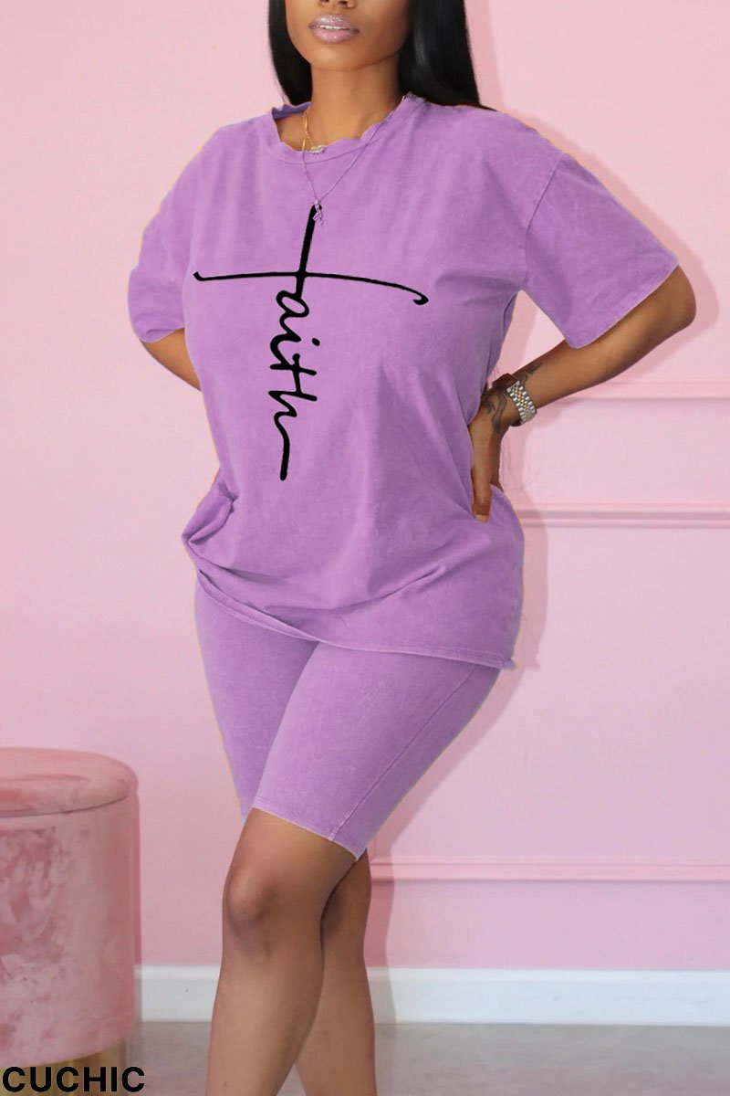 Purple Casual Print Patchwork O Neck Short Sleeve Two Pieces-CuChic