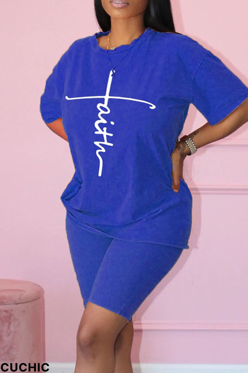 Royal Blue Casual Print Patchwork O Neck Short Sleeve Two Pieces-CuChic