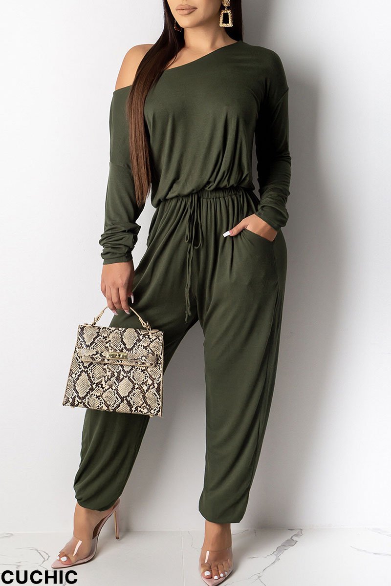 Green Casual Solid Patchwork Frenulum Oblique Collar Straight Jumpsuits-CuChic