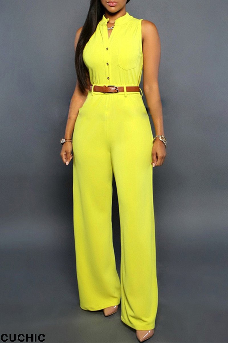 Yellow Fashion Casual Solid Patchwork V Neck Regular Jumpsuits (Without Belt)-CuChic