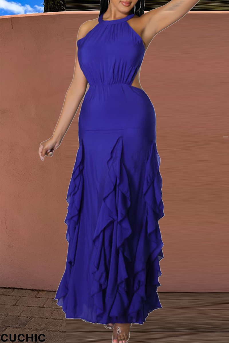 Blue Fashion Solid Flounce Halter Cake Skirt Dresses-CuChic