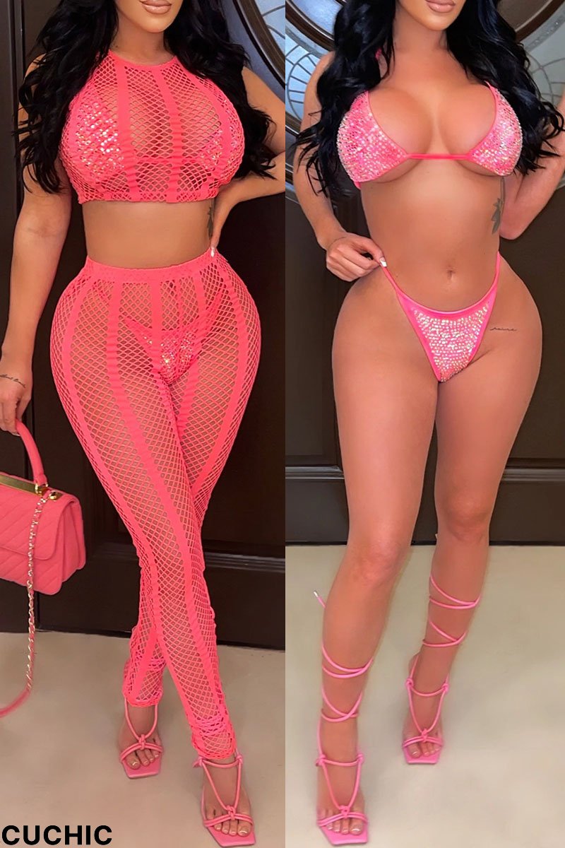 Pink Fashion Sexy Solid Hollowed Out Split Joint O Neck Sleeveless Four-piece Set-CuChic