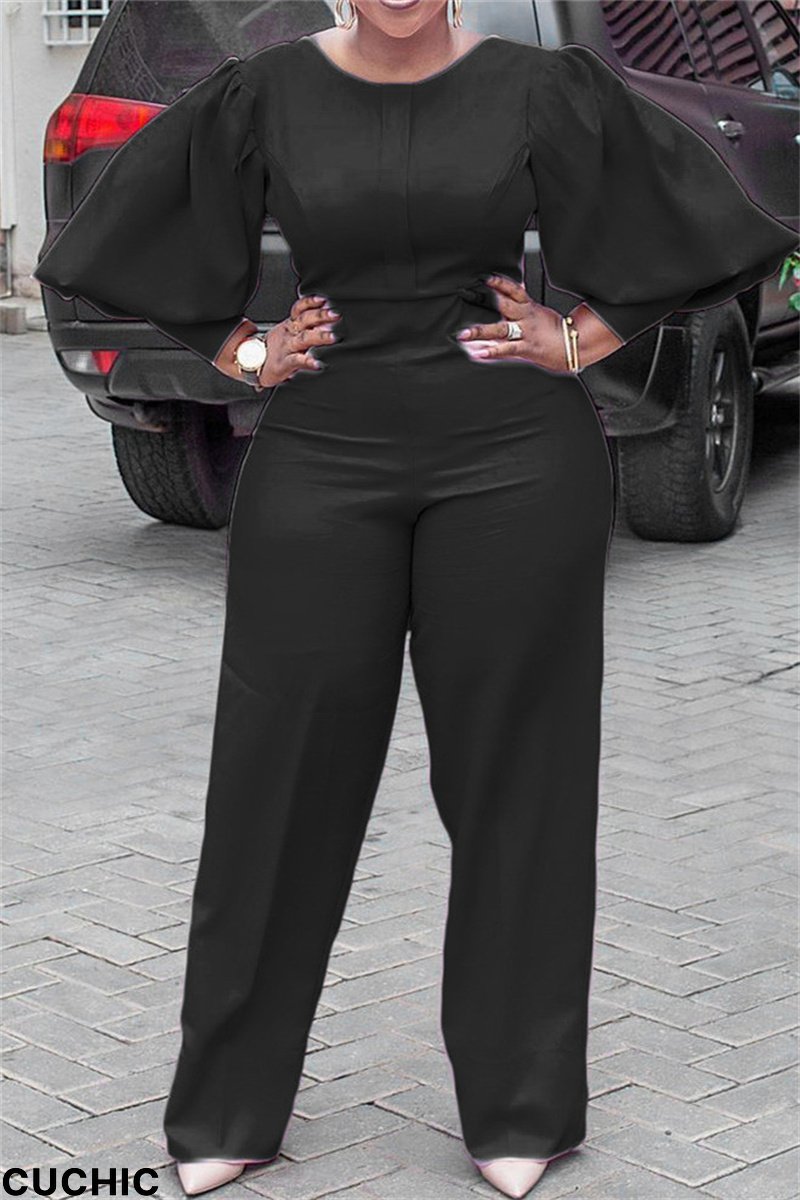 Black Fashion Casual Solid Basic O Neck Regular Jumpsuits-CuChic