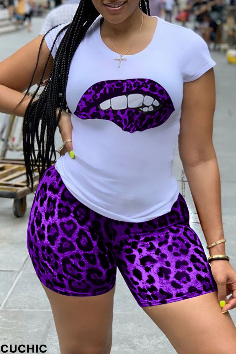 Purple Casual Print Patchwork O Neck Short Sleeve Two Pieces-CuChic