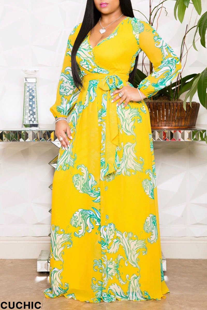 Yellow Casual Elegant Print Patchwork V Neck Straight Dresses-CuChic