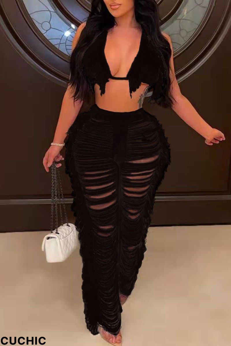 Black Sexy Solid Tassel Hollowed Out Patchwork Halter Sleeveless Two Pieces-CuChic