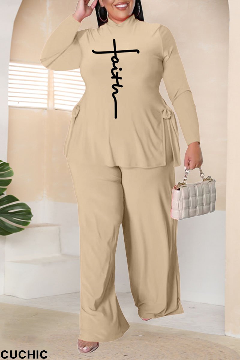 Dark Khaki Casual Print Bandage Patchwork O Neck Plus Size Dresses-CuChic