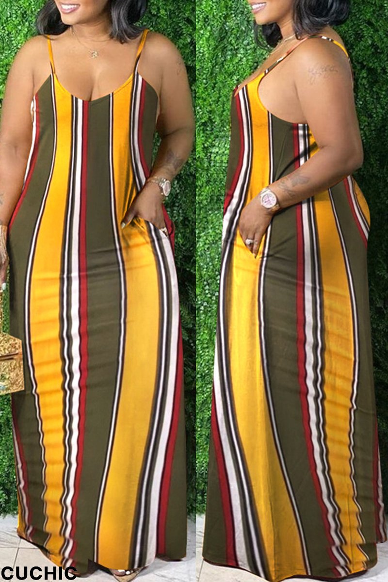 Yellow Sexy Casual Striped Print Backless Spaghetti Strap Long Dress Dresses-CuChic