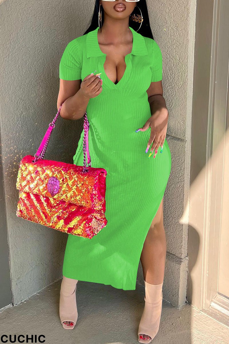 Green Casual Solid Split Joint Slit V Neck Straight Dresses-CuChic