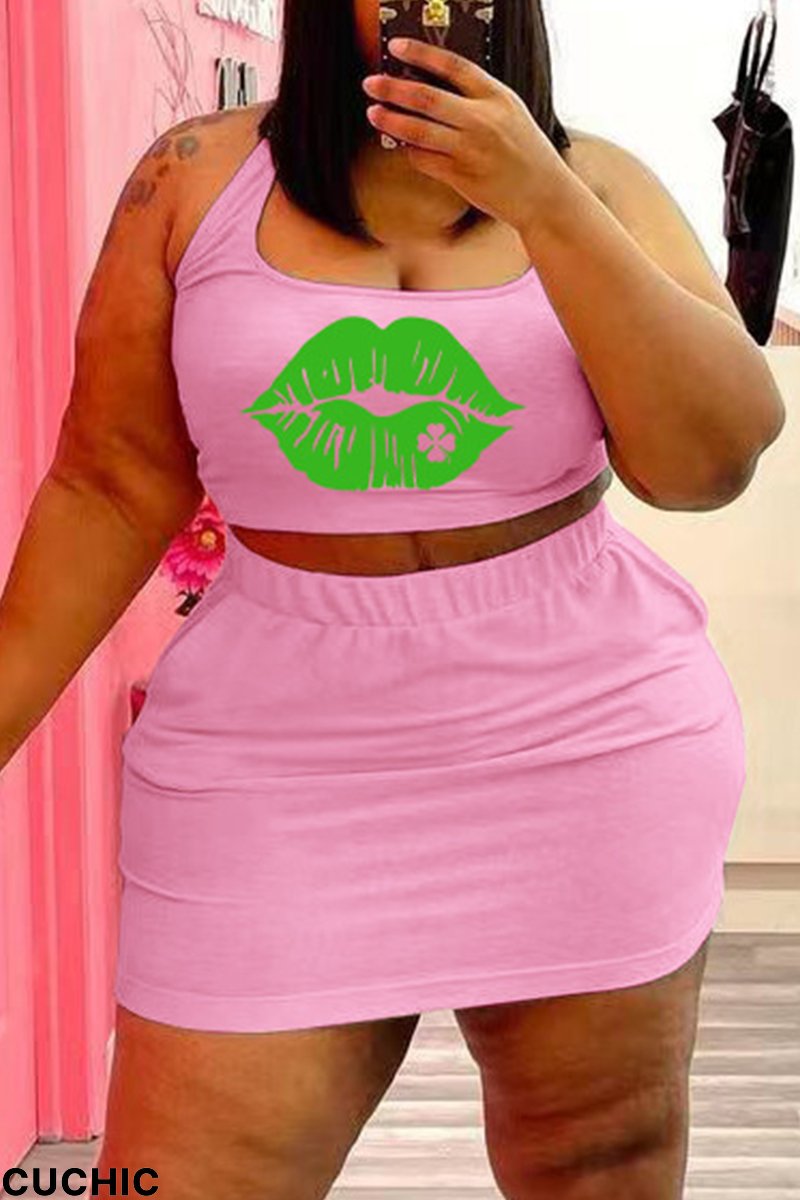 Pink Sexy Casual Lips Printed Backless U Neck Plus Size Two Pieces-CuChic
