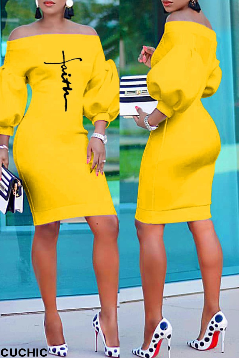 Yellow Fashion Casual Print Basic Off the Shoulder Long Sleeve Dresses-CuChic