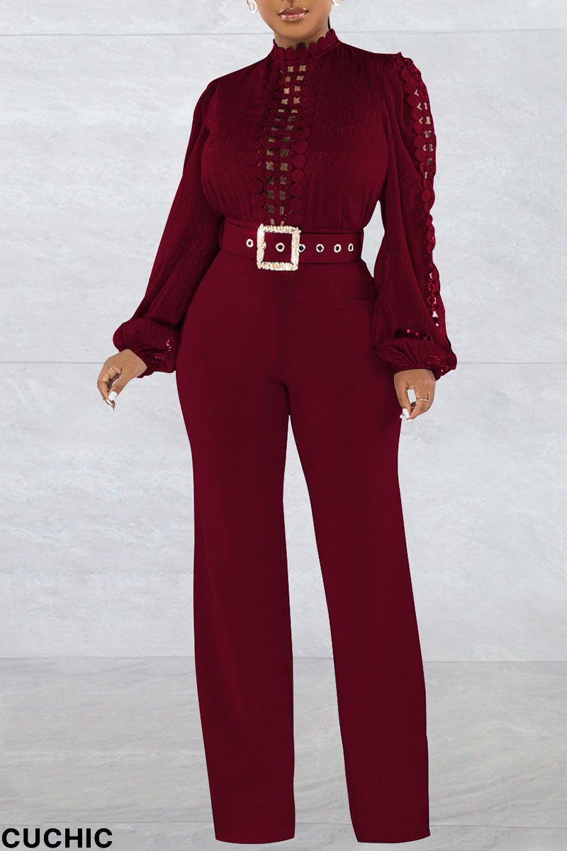 Burgundy Casual Solid Hollowed Out Patchwork With Belt O Neck Straight Jumpsuits(With A Belt)-CuChic