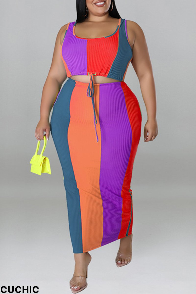 Grey Fashion Casual Striped Print Patchwork Contrast U Neck Plus Size Two Piece Set-CuChic