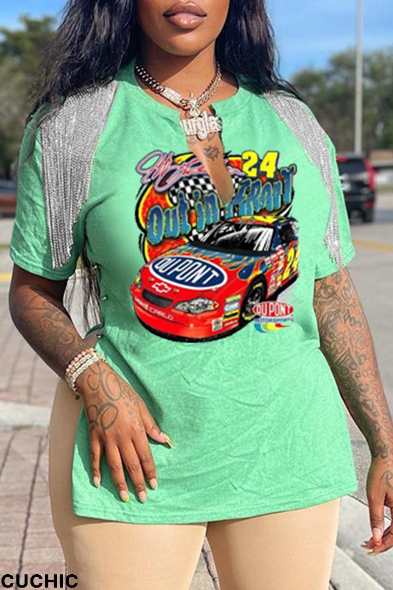 Light Green Fashion Print Tassel V Neck T-Shirts-CuChic