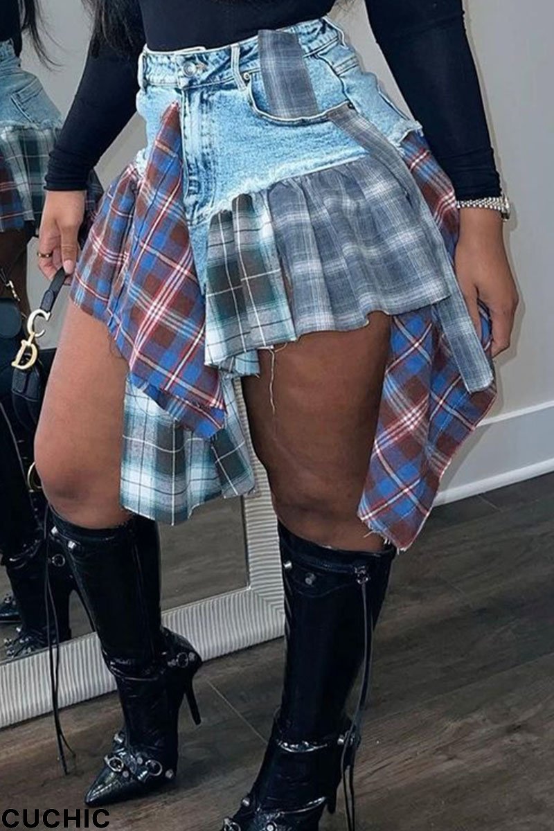 Light Blue Casual Street Plaid Color Block Flounce Mid Waist Boot Cut Denim Shorts-CuChic