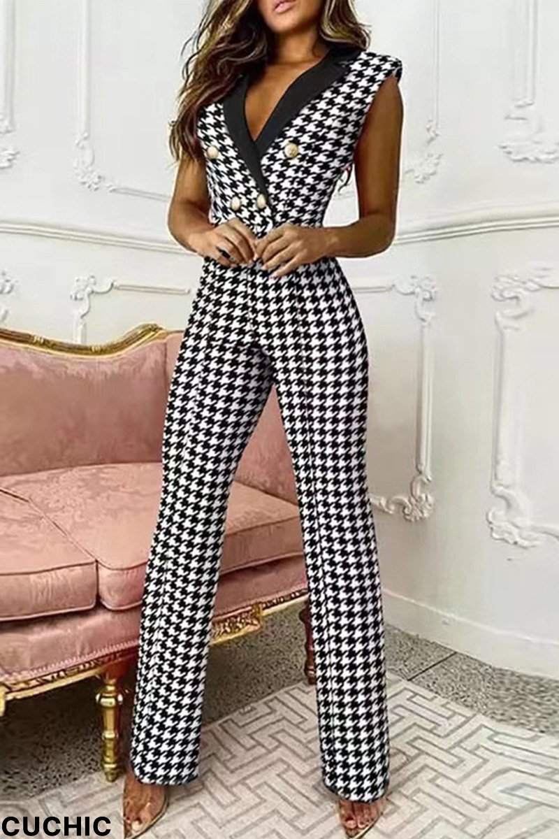 White Fashion Casual Print Patchwork V Neck Regular Jumpsuits-CuChic