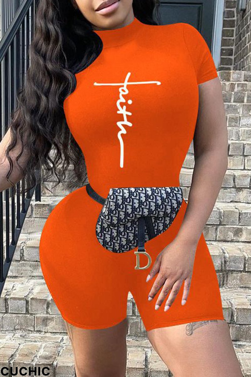 Orange Fashion Casual Print Basic Turtleneck Skinny Jumpsuits-CuChic