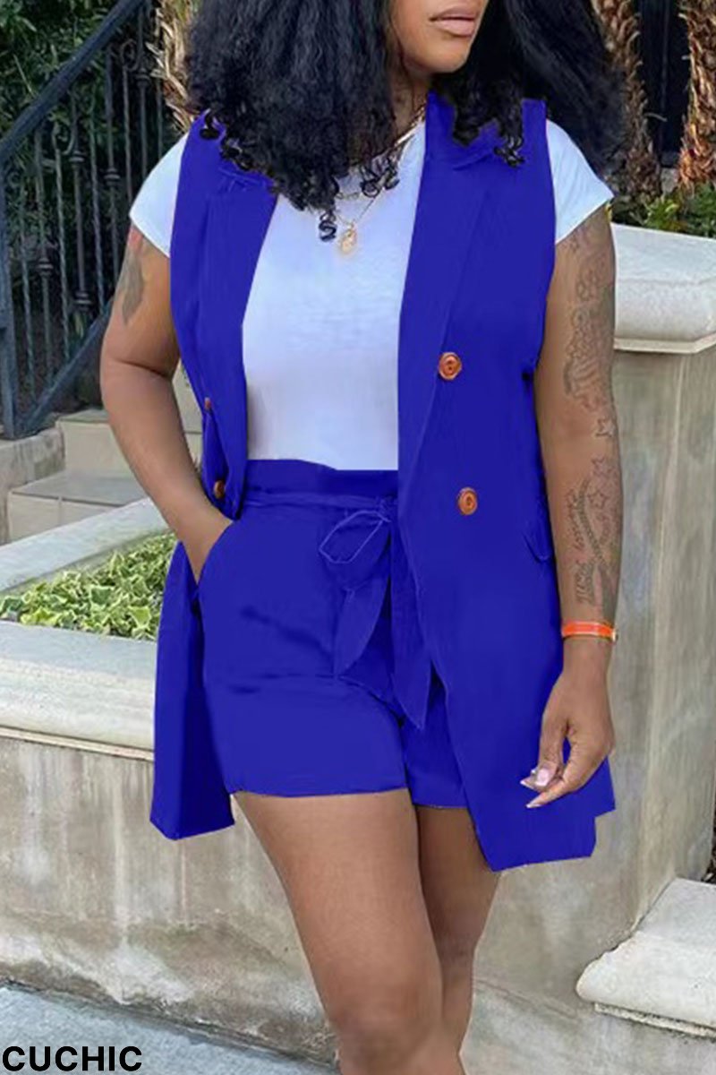 Blue Casual Solid Patchwork Buckle Turn-back Collar Sleeveless Two Pieces-CuChic
