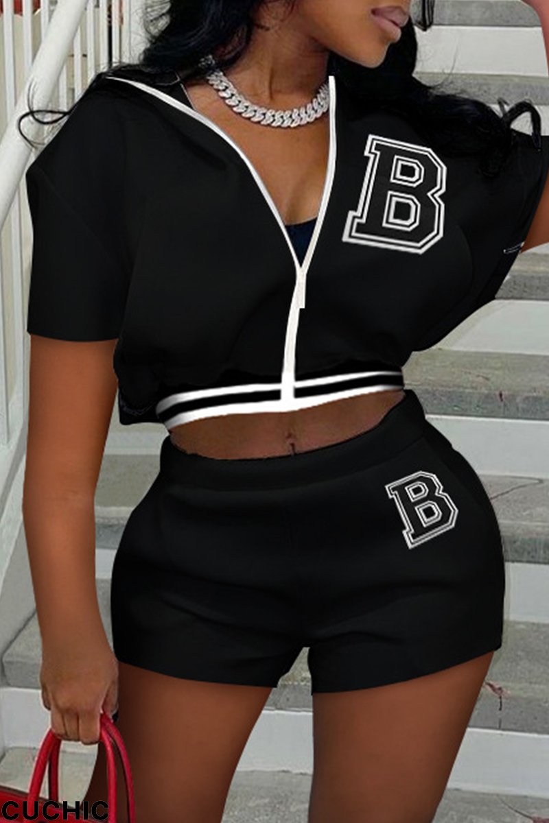 Black Fashion Casual Letter Print Patchwork Hooded Collar Short Sleeve Two Pieces-CuChic