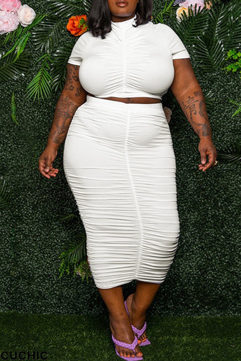 White Casual Solid Patchwork Fold O Neck Plus Size Two Pieces-CuChic