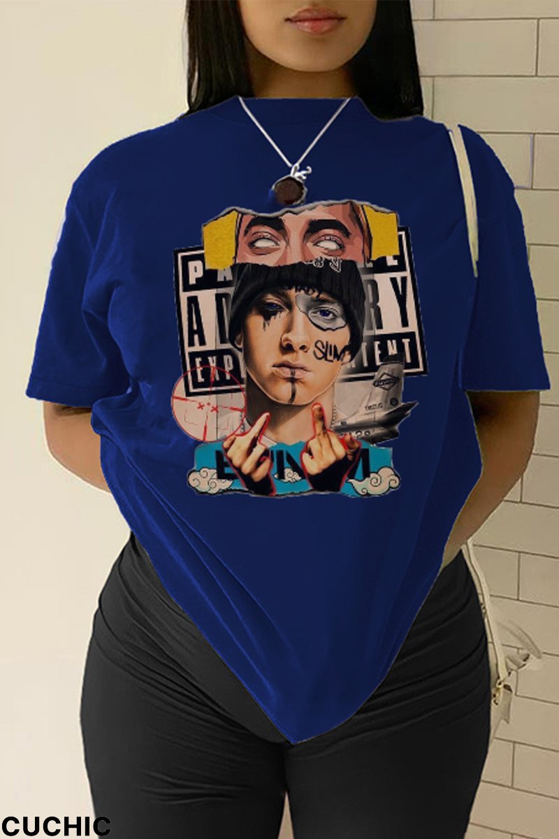 Navy Blue Casual Street Print Patchwork O Neck T-Shirts-CuChic