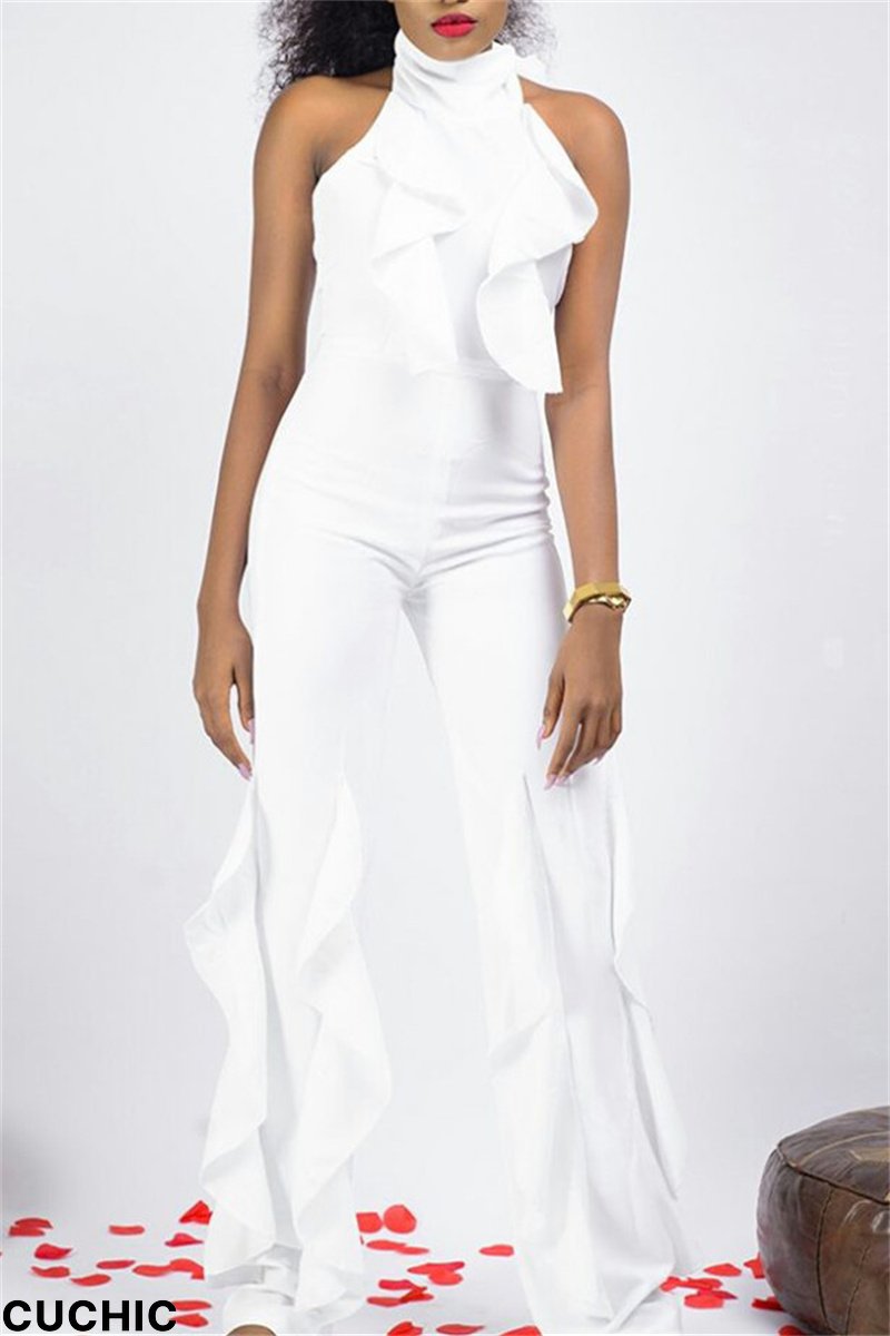 White Sexy Casual Solid Split Joint Backless Turtleneck Regular Jumpsuits-CuChic